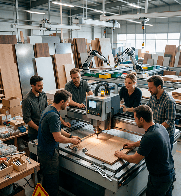 Fabricantes de máquinas e painéis operando equipamento industrial