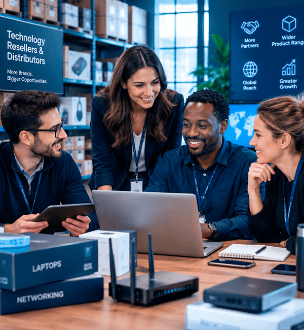 Equipe de revenda e distribuição de tecnologia em reunião